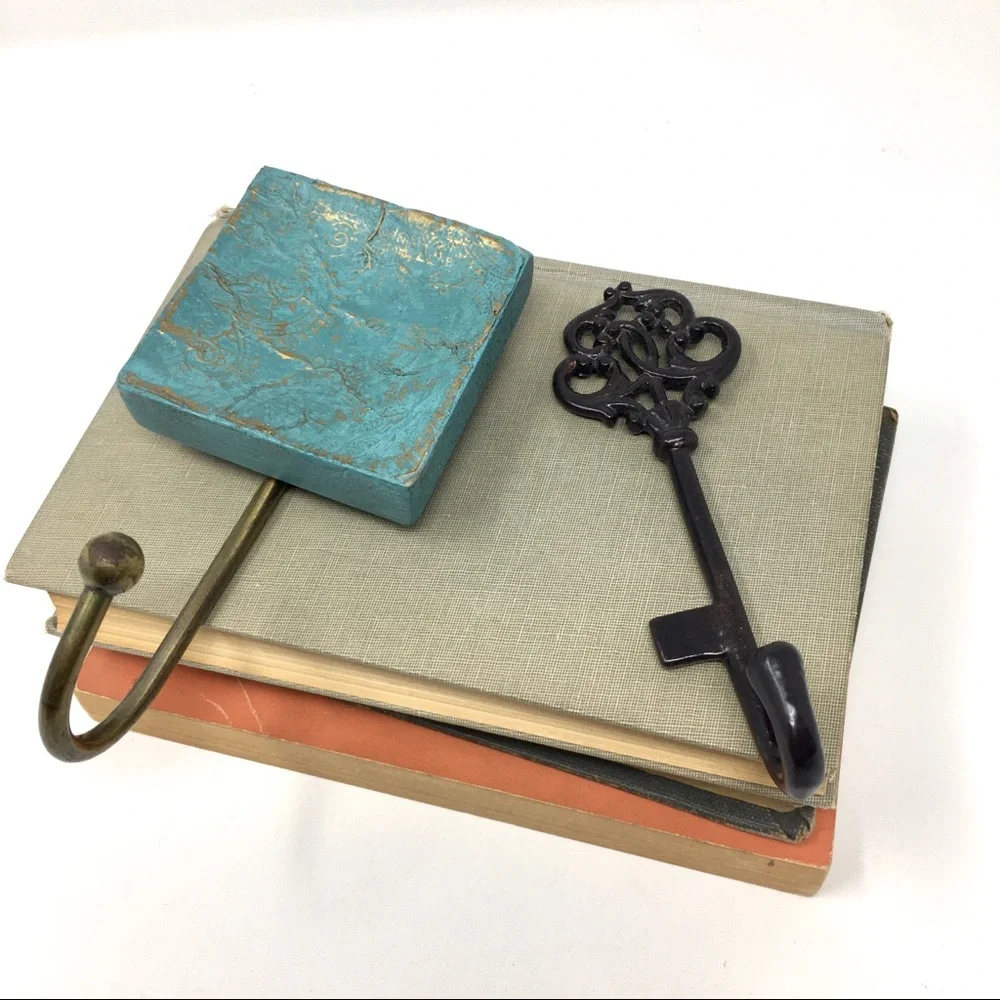 Pair of Victorian Inspired Square Turquoise Gold Paisley and Skeleton Key Hooks